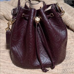 Tory Burch Burgundy Leather Bucket Bag